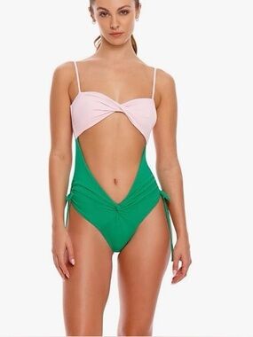 Two-Tone Pink & Green Twist Cutout One-Piece Swimsuit